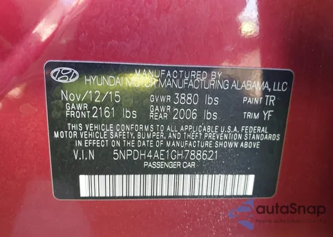 2016 Hyundai Elantra Se z USA, uszkodzony, nr VIN 5NPDH4AE1GH788621